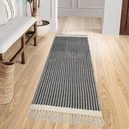Lahome Boho Hallway Runner Rug, 2x6 Laundry Room Lightweight Entry Woven Cotton Throw Mat with Tassels, Farmhouse Non Shedding Washable Black Low Pile Runner for Kitchen Bathroom