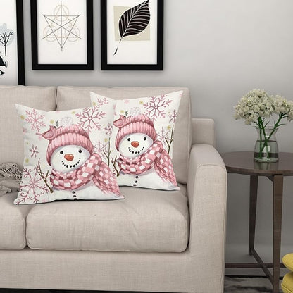 Christmas Pillow Covers 16x16 Set of 2 Pink Snowman Throw Pillow Covers Winter Pillowcase Linen Decoration Farmhouse Bird Cozy Soft Cushion Case Couch for Indoor Outdoor Home Decor