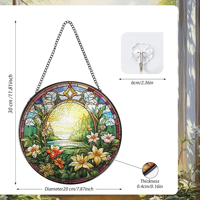 Rngmsi Wildflowers Stained Glass Window Hanging Decor, 7.8″ Floral Sun Catchers Stain Glass Window Hanging with Hook Indoor, Suncatcher Home Garden Art Gift for Thanksgiving Christmas Housewarming