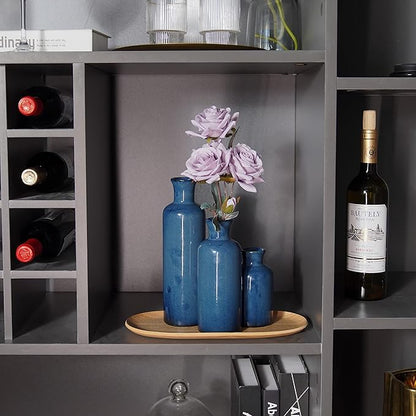 Ceramic Vase Set Home Decor - 3Pcs Modern Rustic Boho Geometric Blue Flowers Vase Decoration, Shelf Decor, Farmhouse Living Room Decoration, Decorative Gift Cynkeyee