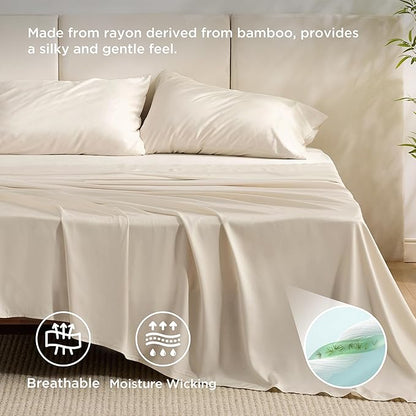 Bedsure Full Size Bed Sheets, Cooling Sheets, Rayon Derived from Bamboo, Breathable & Soft, Deep Pocket Up to 16 Inches, Hotel Luxury Silky Bedding for Hot Sleepers, Light Beige