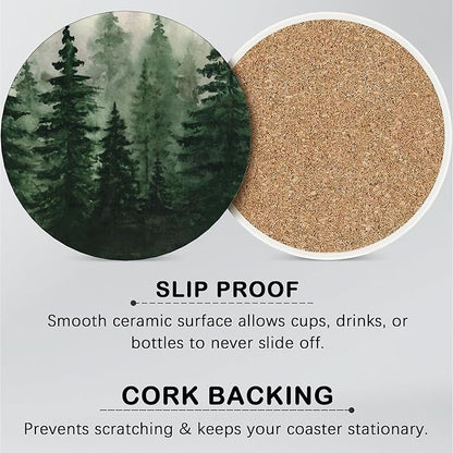 6 Pcs Drink Coasters with Holder, Watercolor Landscape Pine Forest Absorbent Round Ceramic Coaster for Tabletop Protection,for Coffee Cup Beverage Coasters Wine Beer Bar