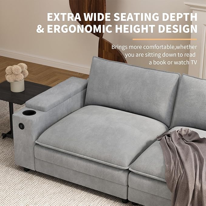 81.5" Loveseat Cloud Sofa Couch with Storage Armrest, Cup Holders, USB & Type-C Ports, Spring Cushions, Solid Wood Frame, Chenille Modular Sectional for Living Room