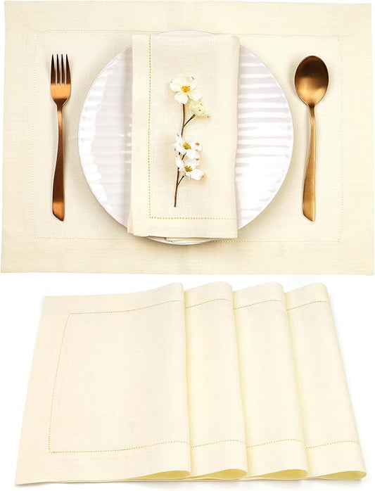 D'Moksha Homes Cream Linen Cloth Placemats Set of 4-100% Pure Linen Hemstitch Placemats 14 x 19 Inch - Classic Hemstitch Table Place Mats for Holiday - Handcrafted and Machine Washable