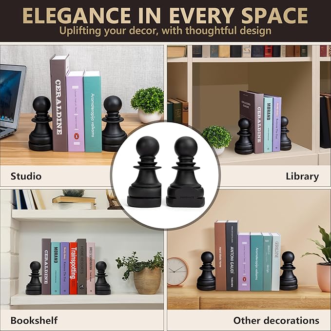 Chess Book Ends for Shelves – Elegant Decorative Bookends for Heavy Books, Office & Living Room Decor – Modern Shelf Organizer and Gift for Book Lovers by ROOKMATE (Black Mate, Pawn Duo)