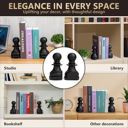 Chess Book Ends for Shelves – Elegant Decorative Bookends for Heavy Books, Office & Living Room Decor – Modern Shelf Organizer and Gift for Book Lovers by ROOKMATE (Black Mate, Pawn Duo)