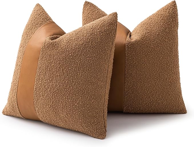 20"x20" Tobacco Boucle Throw Pillow Covers with Faux Leather Accents Set of 2 Fluffy Textured Decorative Pillow Cases for Couch Bed Boho Farmhouse Square Cushion Covers for Nordic Home Décor