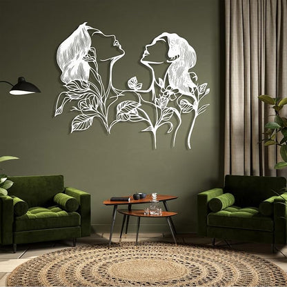 Metal Feminine Wall Art, Female Silhouette Line Art, Metal Flower Female Wall Decor, Metal Minimalist Abstract Woman and Flower Wall Art Single Line for Livingroom, Bedroom (Gold, 24"x19"/60x49cm)