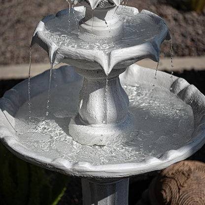 XBrand 44" H White Fiberglass/Resin 2-Tier Solar Water Feature w/Auto-Off Pump - Tall Outdoor Birdbath Fountain
