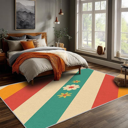 Mid Century Rug 3x4 Retro Abstract Geometric Pattern, Washable Living Room Bedroom Area Rugs, Mid Century Decor for Home, Soft Non Slip Indoor Carpet, Low Pile Design & G881