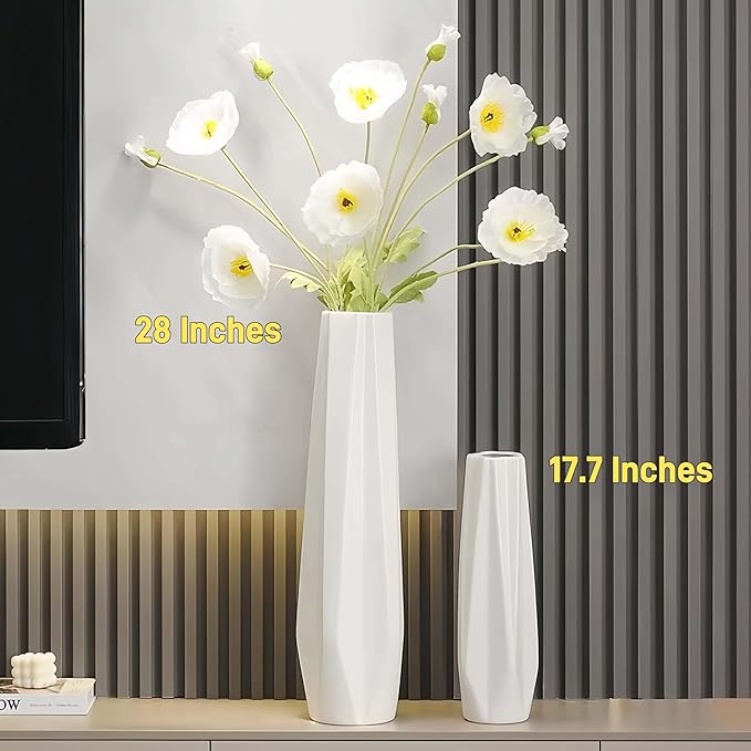 White Ceramic Floor Vase 28" – Origami Farmhouse Porcelain Tall Vase for Living Room & Office