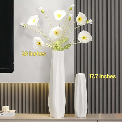 White Ceramic Floor Vase 28" – Origami Farmhouse Porcelain Tall Vase for Living Room & Office