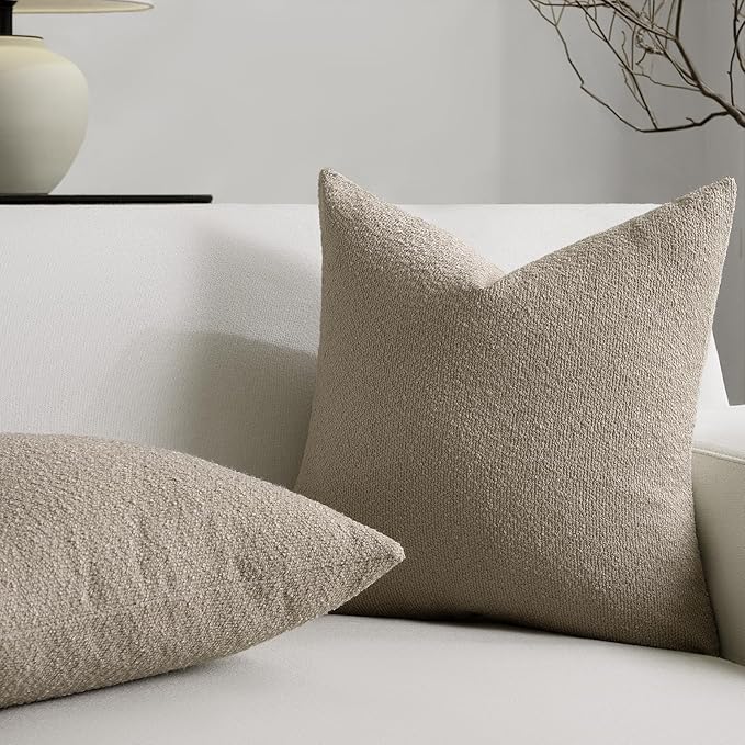 Throw Pillow Covers 20 x 20 Inch Set of 2, Accent Soft Boucle Textured Pillow Cover, Decorative Solid Color Cozy Cushion Pillow Case for Couch Bedroom Sofa Living Room Home Decor, Oatmeal