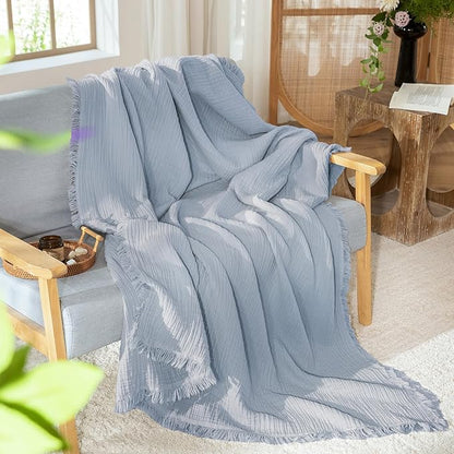 MooMee Muslin Blanket - 100% Cotton 4-Layer Gauze Throw Blanket with Tassels Ultra-Soft Breathable Lightweight Cooling for Bed Couch (Dusty Blue,King 104" x 90")
