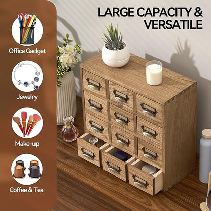 KIRIGEN Wooden Desk Storage Cabinet 12 Drawers Mini Chest with Metal Handles Desktop Organizer Storage Box for Home Office Dark Brown(12CG-DBR)