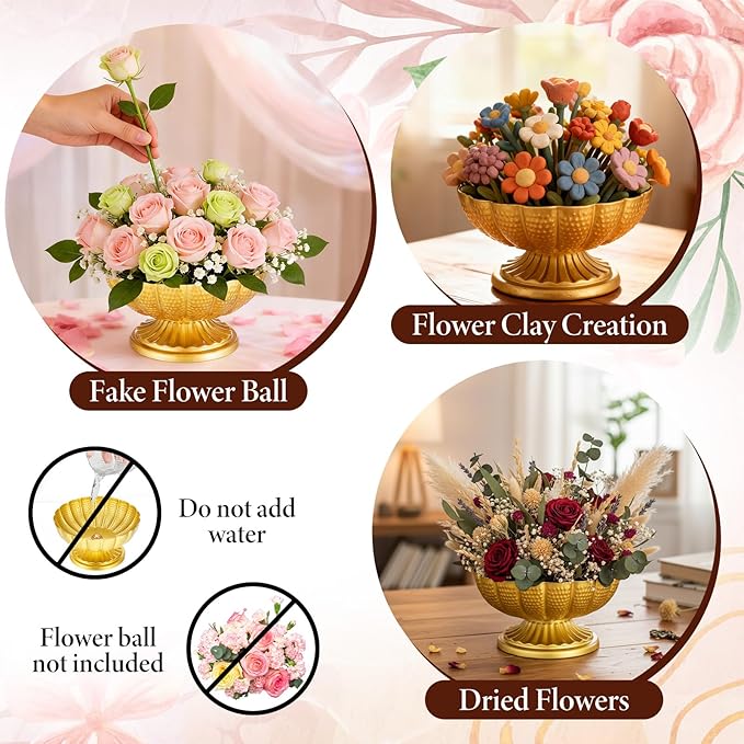 Gold Flower Vases for Centerpieces, Gold Flower Vase for Wedding Centerpieces 2 Packs Golds Metal Urn Vase for Flowers 7'' Wide 3.94'' High Distressed Golds Compote Pedestal Vases for Celebration