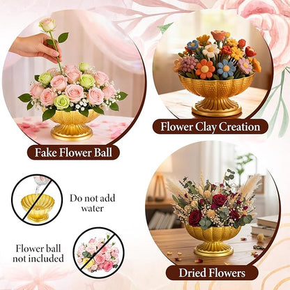 Gold Flower Vases for Centerpieces, Gold Flower Vase for Wedding Centerpieces 2 Packs Golds Metal Urn Vase for Flowers 7'' Wide 3.94'' High Distressed Golds Compote Pedestal Vases for Celebration
