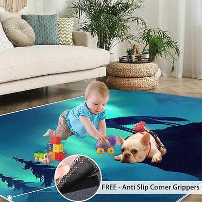 Wolf 3x4 Area Rugs for Living Room -Forest Washable Rug Aurora Non-Slip Carpet Indoor Floor Stain Resistant Thin Carpets for Bedroom Dining Room Home Office