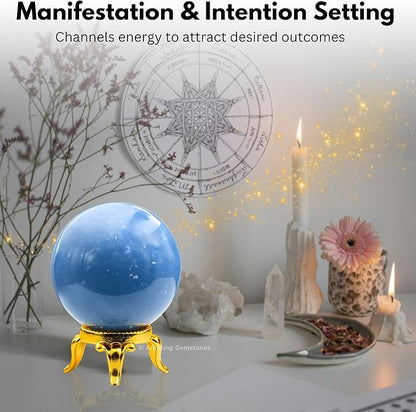 Amazing Gemstone Angelite Crystal Ball with Stand - 1.5" Inches Crystal Sphere Meditation Balls for Witchcraft and Decorative Balls