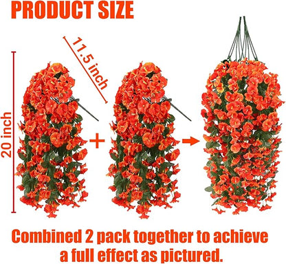 Sggvecsy Artificial Fake Hanging Flowers Plants for Outdoor Outside Spring Summer Decoration 2PCS Faux Silk UV Resistant Realistic Morning Glory Trailing Vines for Home Porch Patio Balcony(Orange)