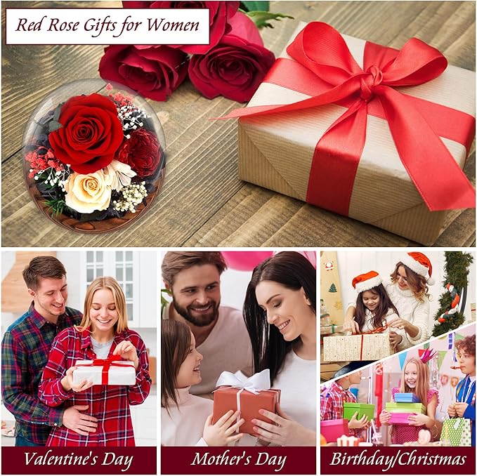 Birthday Gifts for Women Preserved Red Real Rose Flowers in Glass Dome, Forever Rose Valentines Day Gift for Her Mom on Christmas Birthday Flowers for Delivery Prime