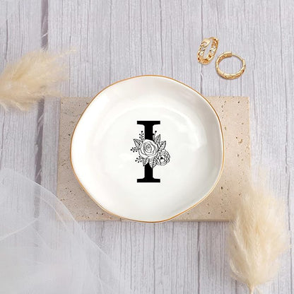 JoycuFF Initial I Ceramic Jewelry Tray, Bridesmaid Bride Gifts, Mothers Day Christmas Anniversary Engagement Birthday Gifts for Women Couples, Trinket Dish for Rings Earrings Necklaces Bracelets Keys