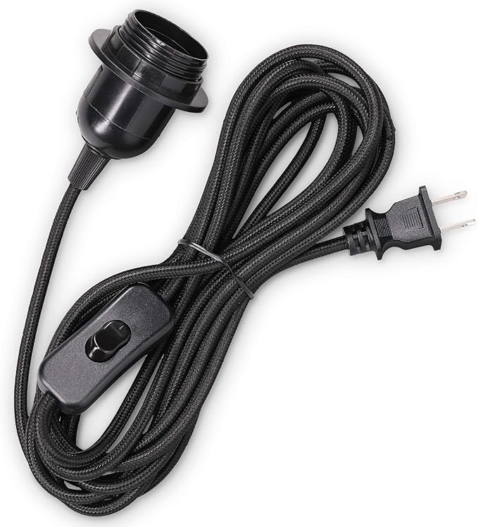 kwmobile Plug-in Light Cord - 15ft Long Fabric Pendant Lamp Cable with Plug, E26 Socket - for Hanging DIY Ceiling Lighting - Black