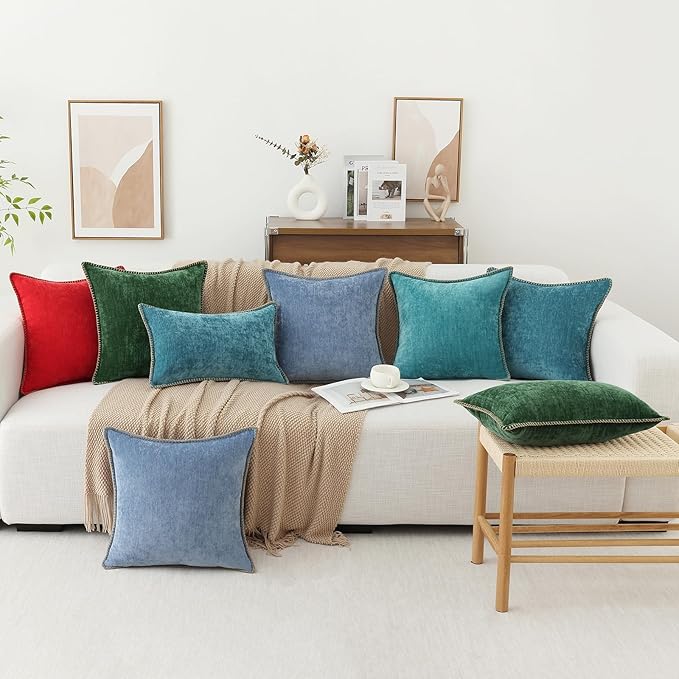 decorUhome Spring Chenille Soft Throw Pillow Covers 26x26 Set of 2, Farmhouse Velvet Neutral Decorative Euro Sham Pillow Covers with Stitched Edge for Couch Sofa Bed Home Decor, Teal