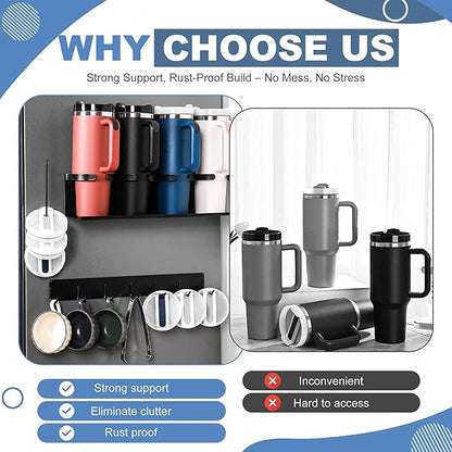 Magnetic Cup Holder for Fridge with 6 Storage Hooks and Tumbler Lid Organizer - Fits 20/30/40 oz Tumblers (Stanley, Owala, Yeti) Strong Magnetic Design - Kitchen Water Bottle Storage Rack