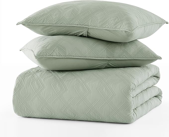 WDCOZY 100% Cotton Twin Size Quilt Set - Sage Green Pre-Washed Soft Lightweight Modern Bedspread, Farmhouse Country Rustic Coverlet, Textured Like Linen, Shabby Chic Gauze Bedding, 2 Pieces