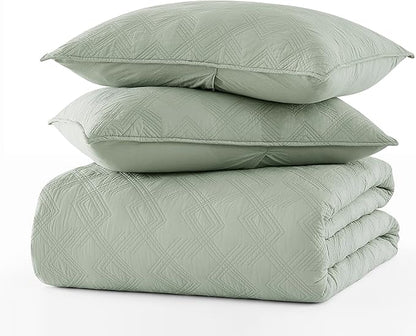 WDCOZY 100% Cotton Twin Size Quilt Set - Sage Green Pre-Washed Soft Lightweight Modern Bedspread, Farmhouse Country Rustic Coverlet, Textured Like Linen, Shabby Chic Gauze Bedding, 2 Pieces