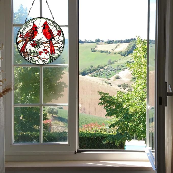Cardinal Sun Catcher Stained Glass Window Hanging Cardinal Decor Lovers Gifts for Women Handmade Sun Catcher Decoration for Garden Home Housewarming Gifts