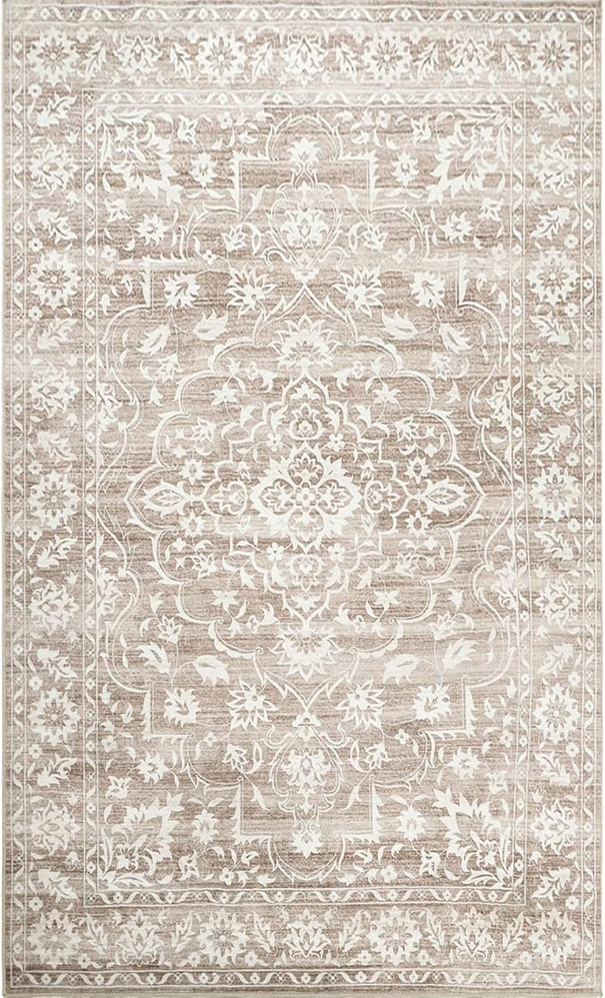 3x5 Rug, Small Area Rug for Kitchen, Entryway, Machine Washable Non-Slip Throw Rug, Floral Dorm Rug Entryway Vintage Carpet for Nursery Coffee Table Light Brown