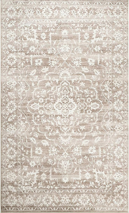 3x5 Rug, Small Area Rug for Kitchen, Entryway, Machine Washable Non-Slip Throw Rug, Floral Dorm Rug Entryway Vintage Carpet for Nursery Coffee Table Light Brown