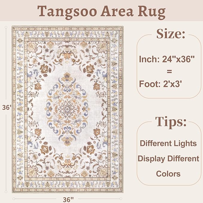 Tangsoo 2x3 Small Rug for Entryway, Washable Area Entry Rugs Non Slip, Neutral Low Pile Soft Area Rugs, Indoor Front Door Boho Throw Rug for Entrance Kitchen Bedroom Bathroom Home Decor