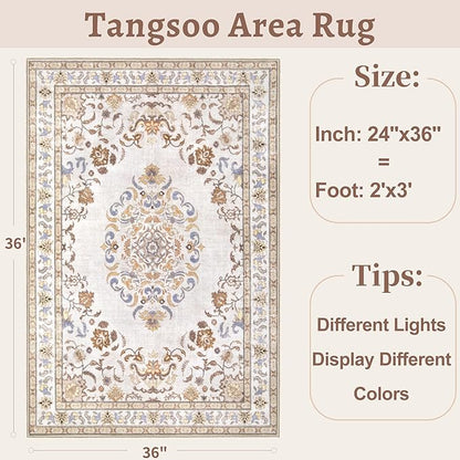 Tangsoo 2x3 Small Rug for Entryway, Washable Area Entry Rugs Non Slip, Neutral Low Pile Soft Area Rugs, Indoor Front Door Boho Throw Rug for Entrance Kitchen Bedroom Bathroom Home Decor