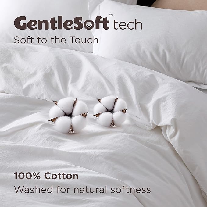 Bedsure 100% Washed Cotton Duvet Cover Full - Bright White Minimalist Cotton Duvet Cover Linen Like for All Seasons - GentleSoft™ Plain Simple Bedding (Bright White, Full, 80"x90")