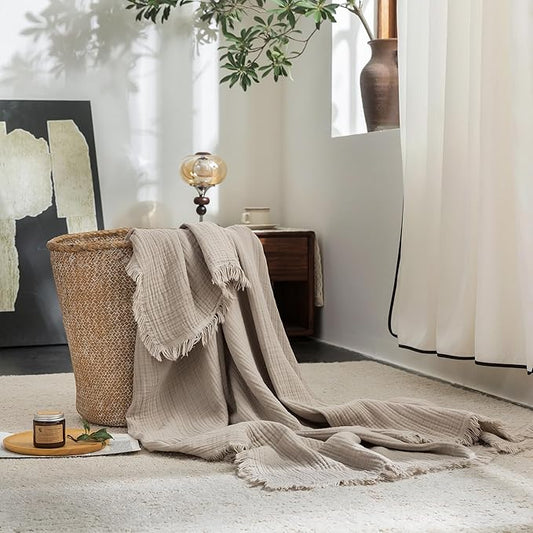 FOSSA Muslin Blanket with Fringe - 4-Layer 100% Cotton Gauze Super Soft & Breathable Throw -Lightweight Decorative Cooling Blanket for Bed, Sofa, Office -Twin XL Size 90" × 66" (Beige Gray)