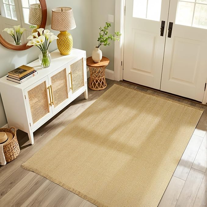 BESTSWEETIE 3x5 Washable Rug Hand-Woven Low Pile Soft Modern Farmhouse Bohemian Decor Reversible Braided Rugs with Tassels Throw Carpet for Living Room Bedroom Entryway Bathroom, Natural Jute