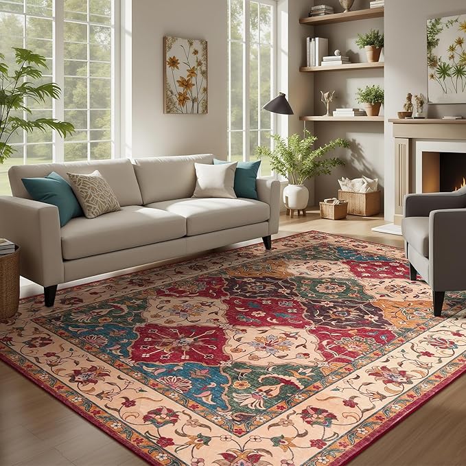 Lessymo Moroccan Washable Area Rugs 5x7, Soft Rugs for Living Room Bedroom, Indoor Non-Slip Large Vintage Carpet for Entryway Home Office, Classic Red and Cream