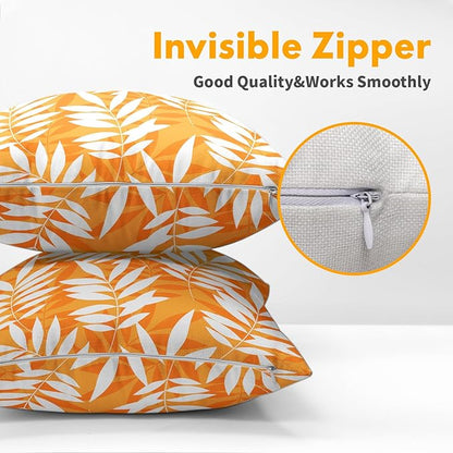 Fall Leaf Pillow Covers 16x16 Set of 2 Orange White Seasonal Autumn Leaves Rustic Decorative Square Throw Pillows Outdoor Pillowcase Farmhouse Linen Cushion Case Decor for Home Sofa Couch Bed