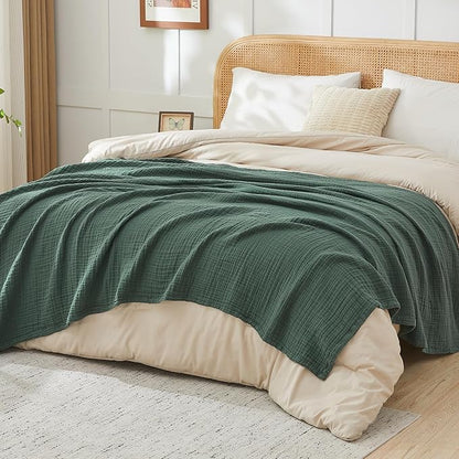 EMME Cotton Muslin Queen Blanket Bed Layering Breathable Gauze Blanket Soft Lightweight Blankets Adults (Forest Green, 90"x90")