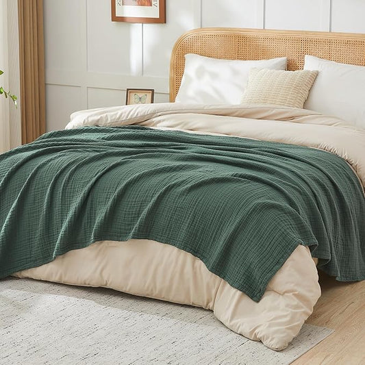EMME Cotton Muslin King Blanket Big Oversized Bed Layering Bedspread Coverlet Breathable Gauze Soft Lightweight Blankets (Forest Green, 120"x94")
