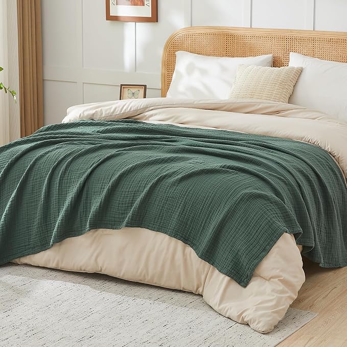 EMME Cotton Muslin Twin XL Blanket Breathable Gauze Blanket Soft Lightweight Blankets Adults Gifts for Women (Forest Green, 66"x90")