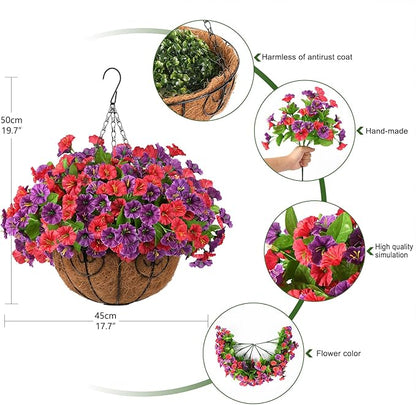 Artificial Fake Hanging Flowers with Basket for Outdoors, Faux Silk Petunias Flower Spring Summer Decor UV Resistant Look Real for Home Outside Patio Front Porch Decorations