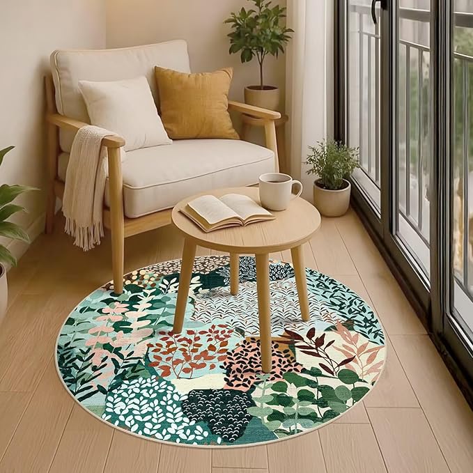 DEXDE Round Rug 4ft Washable Circle Area Rugs, Non Slip Low Pile Boho Floral Small Circular Carpet for Bedroom Bathroom Entryway Kids Room Office Dining Room, Dark Green