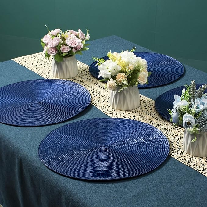 AHHFSMEI Round Braided Placemats 15 Inch Round Table Mats for Dining Tables Natural Woven Heat Resistant Place mats Set of 4 (Navy Blue,4)