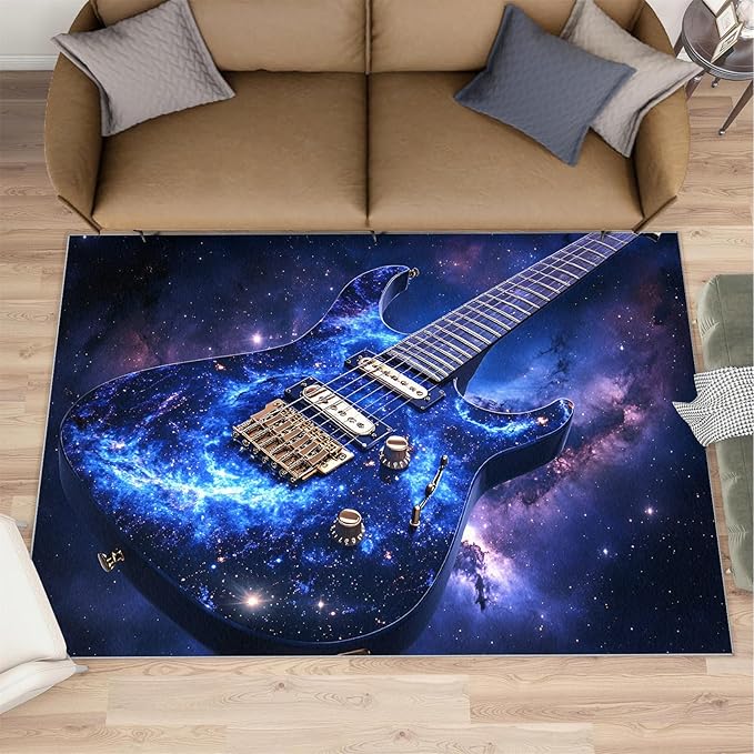 Guitar 2x3 Area Rugs for Living Room -Musical Instruments Washable Rug Starry Sky Non-Slip Carpet Indoor Floor Stain Resistant Thin Carpets for Bedroom Dining Room Home Office