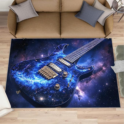 Guitar 4x5 Area Rugs for Living Room -Musical Instruments Washable Rug Starry Sky Non-Slip Carpet Indoor Floor Stain Resistant Thin Carpets for Bedroom Dining Room Home Office
