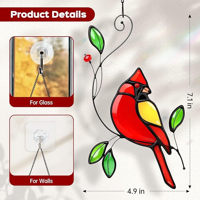 Cardinal Stained Glass Window Hanging, IDEA SHOW Red Cardinal Suncatcher, Real Glass Window Hanging Ornament, Handmade Bird Home Decor Memorial Gift for Women, Mom, Bird Lover